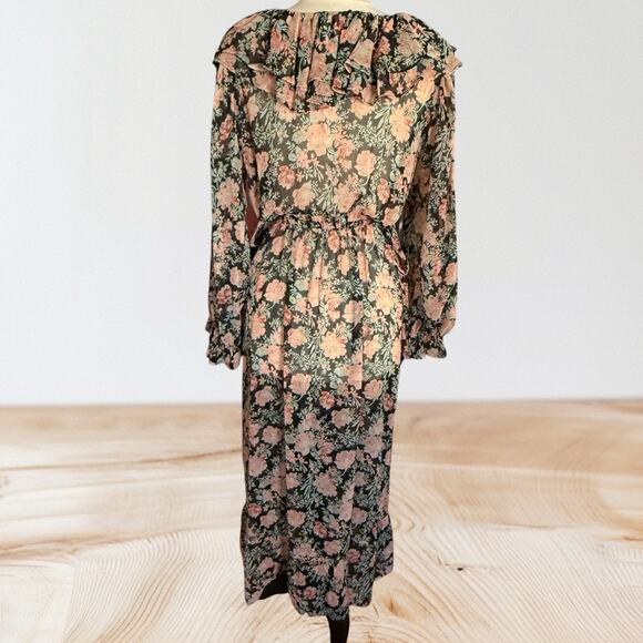 Mango MNG Maxi Dress Sz 8 Black Floral Print Ruffles Sheer Romantic Fairy Core - Picture 7 of 15